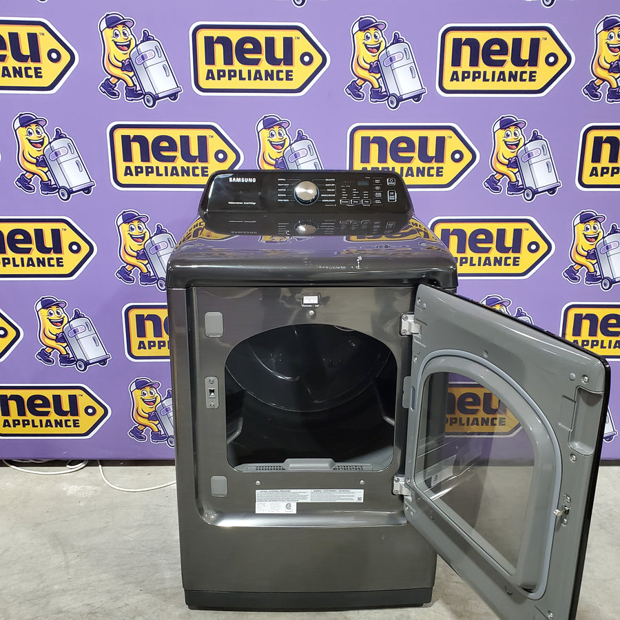 Samsung 4.7 cu. ft. Large Capacity Smart Top Load Washer with Active WaterJet in Brushed Black WA47CG3500AV - Scratch & Dent (Minor) and Samsung Brushed Black 7.4 cu. ft. Smart Electric Dryer with Sensor Dry DVE47CG3500V - Scratch & Dent (Major)