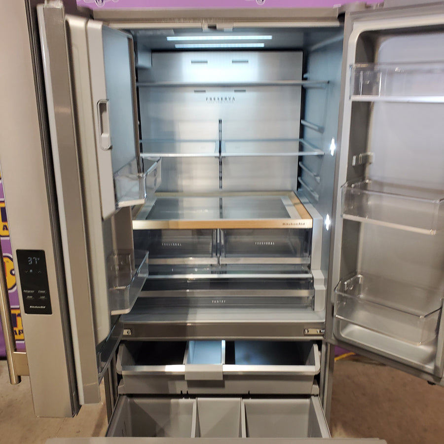KitchenAid 36 in. 30 cu. ft. Standard Depth French Door Refrigerator in PrintShield Stainless with Exterior Water and Ice KRFF436SPS - Scratch & Dent (Moderate)