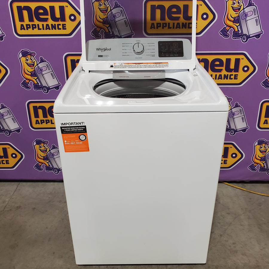 Whirlpool 4.2-4.3 Cu. Ft. Top Load Washer with 2-in-1 Removable Agitator and Soft Close Glass Lid WTW4307SW - Open Box and Whirlpool 7.0 cu. ft. Electric Dryer with Adaptive Dry and Wrinkle Shield™ Option WED4307SW - Open Box