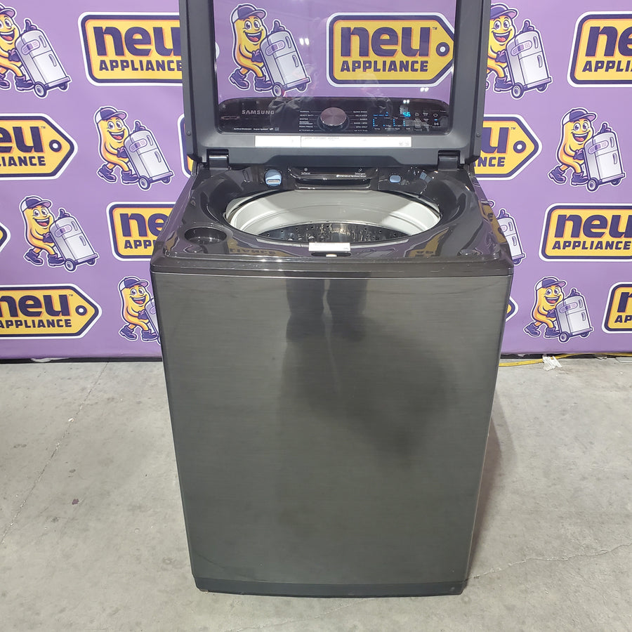 Samsung 5.0 cu. ft. Energy Star Top Load Washer with Active Water Jet in Black Stainless Steel WA50R5400AV - Certified Refurbished and Samsung Black Stainless Steel Electric 7.4 Cu. Ft. Dryer with Steam Sanitize DVE50R5400V - Certified Refurbished