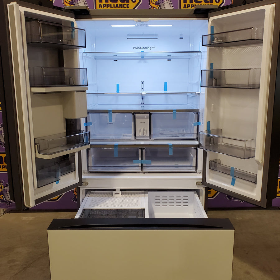 Samsung Bespoke White Glass 3 Door French Door 30 Cu. Ft. Refrigerator with Beverage Center 22221425 - RF30BB660012 - Scratch & Dent (Minor)