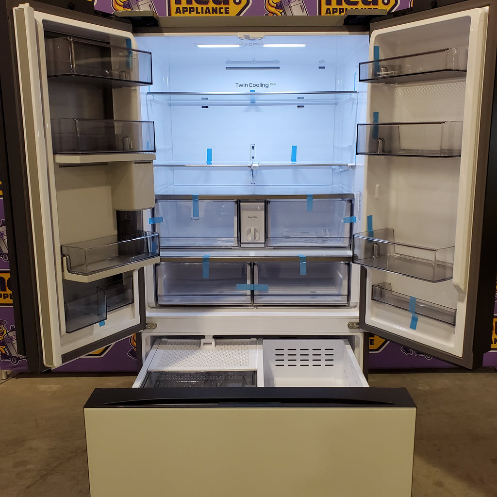 Samsung Bespoke White Glass 3 Door French Door 30 Cu. Ft. Refrigerator with Beverage Center 22221425 - RF30BB660012 - Scratch & Dent (Minor)