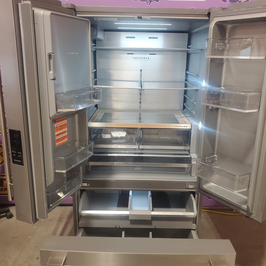 KitchenAid 36 in. 30 cu. ft. Standard Depth French Door Refrigerator in PrintShield Stainless with Exterior Water and Ice KRFF436SPS - Scratch & Dent (Minor)