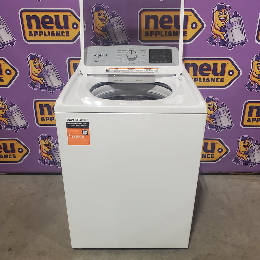 Whirlpool 4.2-4.3 Cu. Ft. Top Load Washer with 2-in-1 Removable Agitator and Soft Close Glass Lid WTW4307SW - Open Box and Whirlpool 7.0 cu. ft. Vented Front Load Electric Dryer in White with Adaptive Dry WED4107SW - Scratch & Dent (Minor)