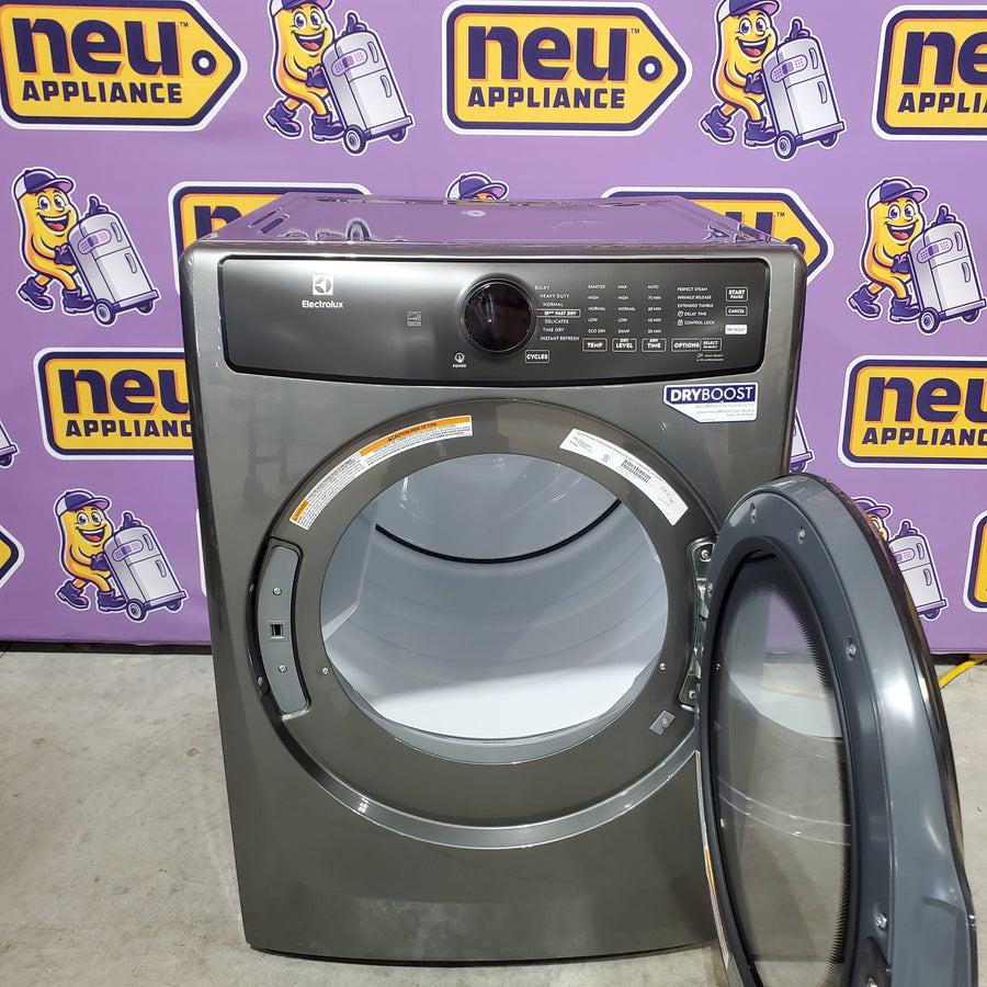 Electrolux 400 Series Front Load Washer - 4.5 Cu. Ft. ELFW7437AT - Scratch & Dent (Minor) and Electrolux 8-cu ft Stackable Vented Electric Dryer with Steam Cycle in Titanium ELFE7437AT - Scratch & Dent (Moderate)