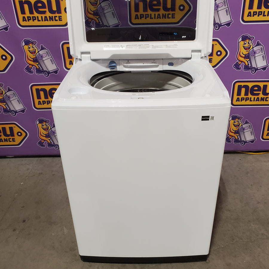 Samsung 5.2 cu. ft. Large Capacity Smart Top Load Washer with Super Speed Wash in White WA52DG5500AW - Scratch & Dent (Minor) and Samsung White Smart Electric 7.4 Cu. Ft. Dryer with Sensor Dry and Steam Sanitize+ DVE52A5500W - Scratch & Dent (Minor)