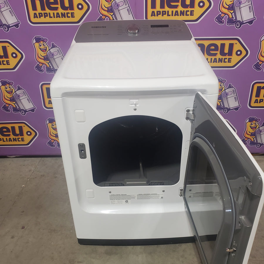 Samsung 5.2 cu. ft. Large Capacity Smart Top Load Washer with Super Speed Wash in White WA52DG5500AW - Scratch & Dent (Minor) and Samsung White Smart Electric 7.4 Cu. Ft. Dryer with Sensor Dry and Steam Sanitize+ DVE52A5500W - Scratch & Dent (Minor)