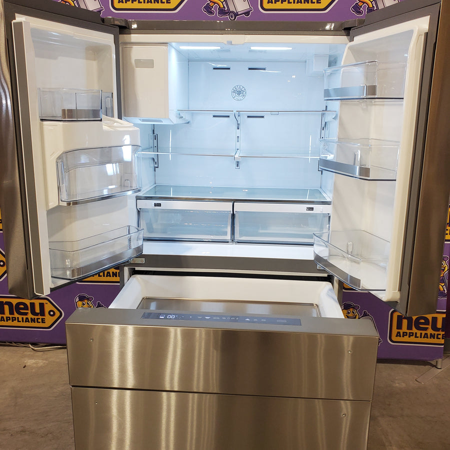 Bertazzoni 36 Inch Freestanding 4-Door French Door Refrigerator with 21.6 Cu. Ft. Total Capacity, Precise Temperature, Individual Quattro Temp Zone Drawer, and Dual Humidity-Controlled Crispers REF36FDFZXNT - Scratch & Dent (Moderate)