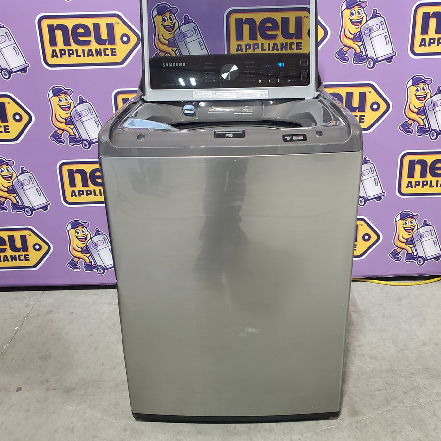 Samsung 4.5 cu. ft. Capacity Top Load Washer with Active WaterJet in Platinum WA45T3400AP - Certified Refurbished and Samsung 7.4 Cu. Ft. Gas Dryer with Sensor Dry in Platinum DVG45T3400P - Certified Refurbished