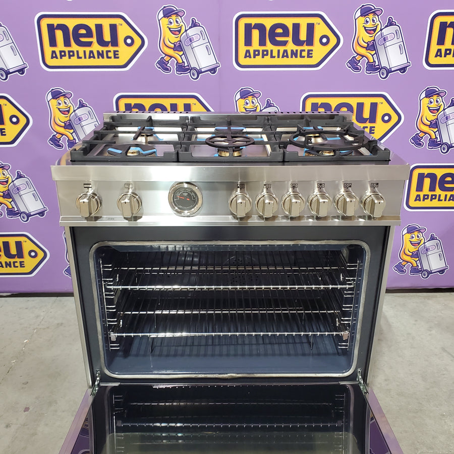 Bertazzoni 36 inch Dual Fuel Range, 6 Brass Burners and Cast Iron Griddle, Electric Self-Clean Oven MAST366DFSXT - Scratch & Dent (Minor)
