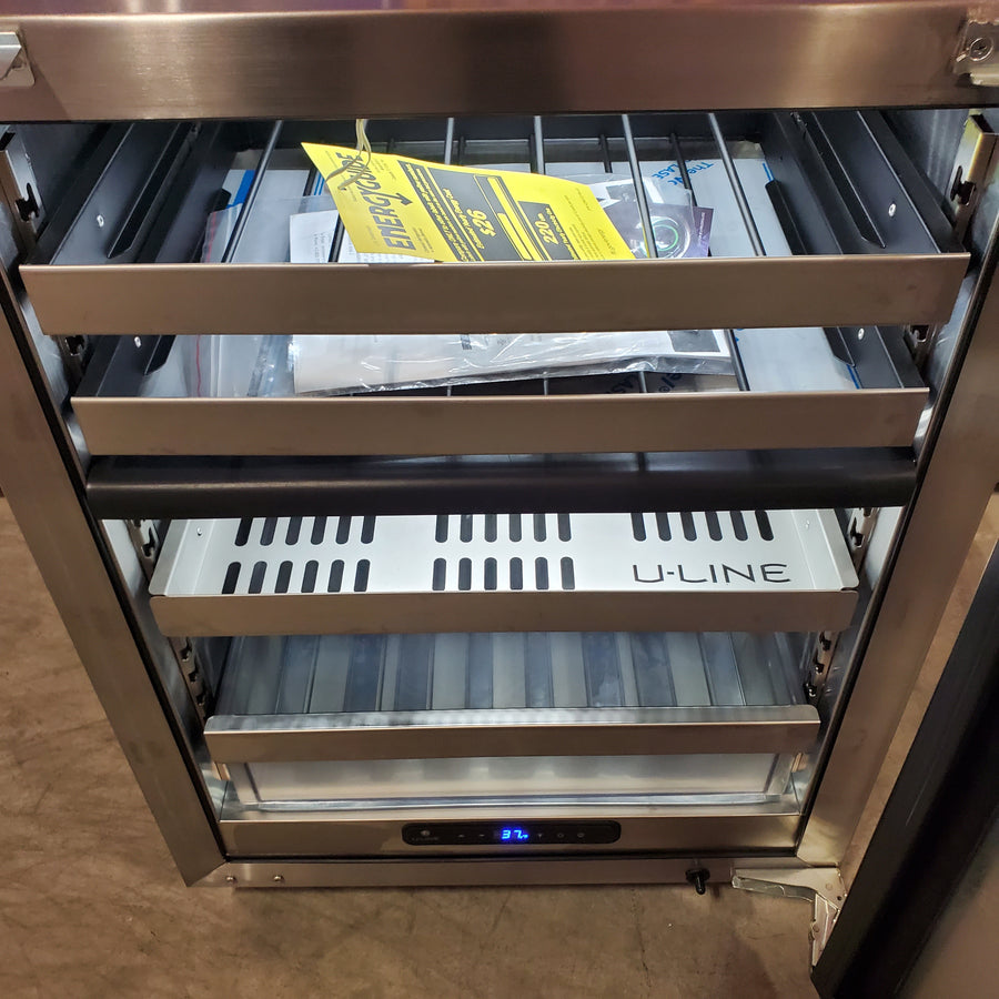 U-Line 24 Inch Dual Zone Beverage Center with 5.1 Cu. Ft. Capacity, Convection Cooling, Stainless Steel Interior, Removable Full-Extension: Shelf, Slide & Secure Bin, and Wine Racks UHBD524 - Scratch & Dent (Minor)
