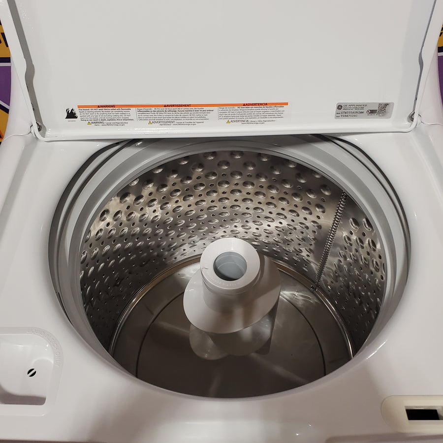 GE® 4.2 cu. ft. Capacity Washer with Stainless Steel Basket - GTW335ASNWW & GE 6.2 cu. ft. Capacity Electric Dryer with Up To 120 ft. Venting and Shallow Depth 16303 - Certified Refurbished