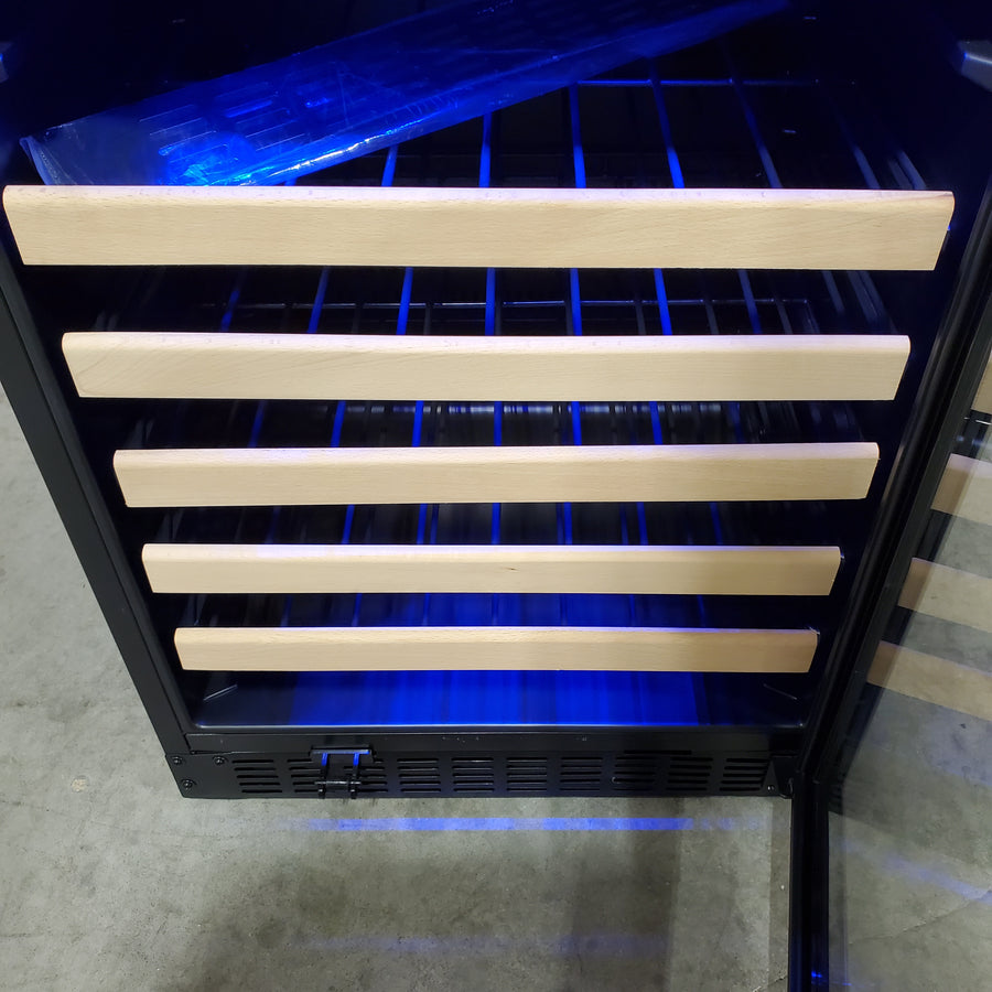 Azure 24 Inch Wine Center with 5.1 cu. ft. Capacity, Wood Front Racks, Field Reversible Door, Blue LED Lighting, Digital Display Controls, and Auto Defrost A124WC-S - Scratch & Dent (Minor)