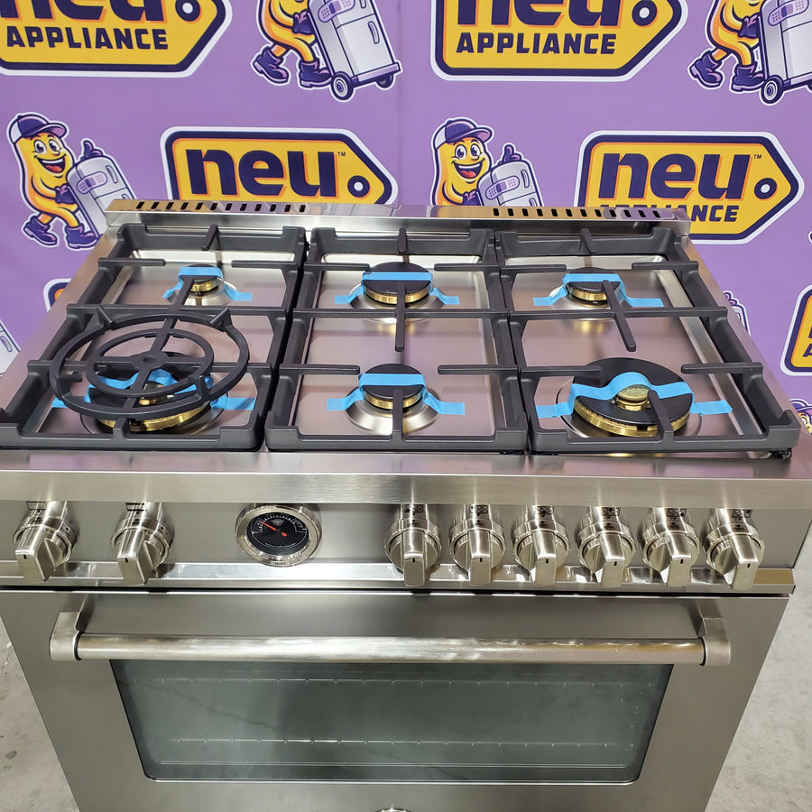 Bertazzoni 36 Inch Freestanding Gas Range with 6 Sealed Burners, European Convection Oven, Elegant Temperature Gauge, and 19000 BTU Power Burner MAS366BCFGMXT - Scratch & Dent (Minor)