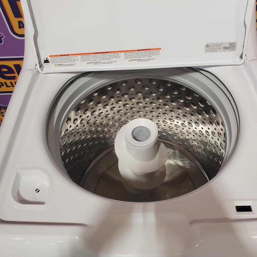 GE 4.5 cu. ft. Capacity Washer with Stainless Steel Basket in White GTW465ASNWW - Certified Refurbished and GE White Electric 6.2 Cu. Ft. Capacity Dryer with Shallow Depth and Up to 120 Ft. Venting Capability 16289 - GTD45EASJWS - Open Box