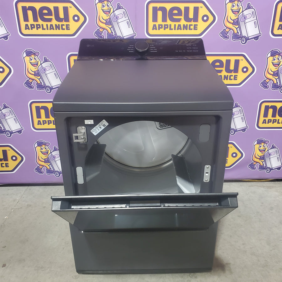 LG 5.5 cu. ft. SMART Top Load Washer in Matte Black with Impeller, Easy Unload and TurboWash3D Technology WT8400CB - Open Box and LG 7.3 cu. ft. Ultra Large Capacity Rear Control Electric Dryer with EasyLoad™ Door DLE8400BE - Scratch & Dent (Minor)