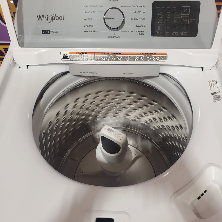 Whirlpool 4.2-4.3 Cu. Ft. Top Load Washer with 2-in-1 Removable Agitator and Soft Close Glass Lid WTW4307SW - Open Box and Whirlpool 7.0 cu. ft. Electric Dryer with Adaptive Dry and Wrinkle Shield™ Option WED4307SW - Open Box