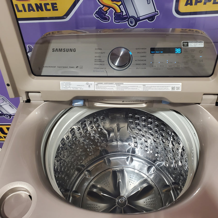 Samsung High Efficiency Extra Large ( 5.4-cu ft ) Top-Load Washer with Steam Cycle in Champagne WA54R7600AC - Certified Refurbished and Samsung 7.4-cu ft Vented Electric Dryer with Steam Cycle in Champagne DVE54R7600C - Certified Refurbished