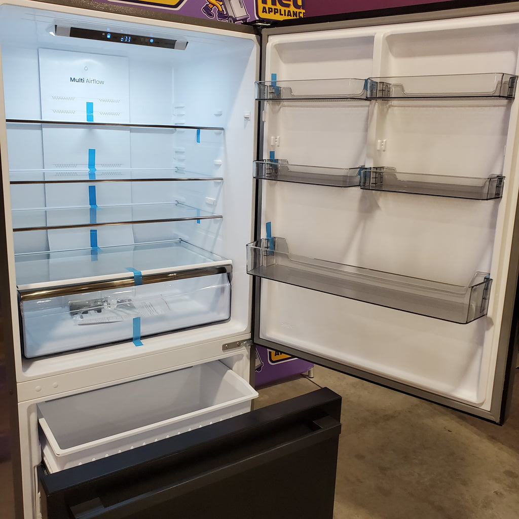 Pictures of Hisense Counter Depth Bottom Freezer 17.2 Cu. Ft. Refrigerator with LED Lighting and Super Cool and Super Freeze in Fingerprint Stainless Steel 22221422 - HRB171N6ASE - Scratch and Dent (Moderate) - Neu Appliance Outlet - Discount Appliance Outlet in Austin, Tx