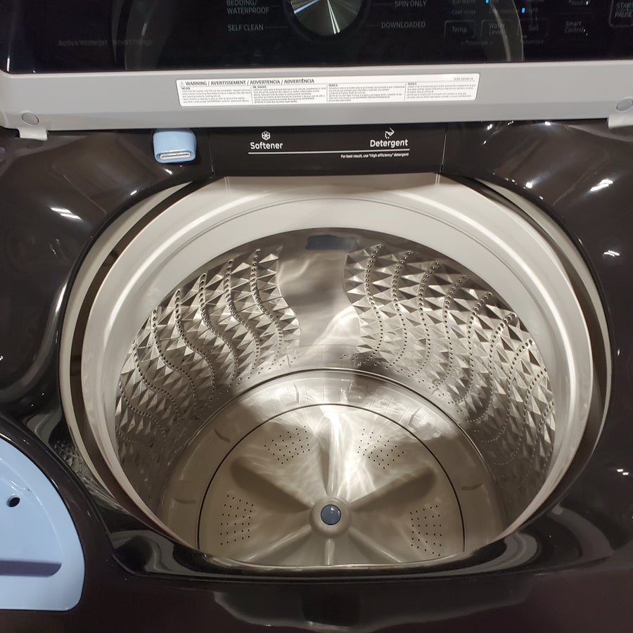 Samsung 4.7 cu. ft. Large Capacity Smart Top Load Washer with Active WaterJet in Brushed Black WA47CG3500AV - Scratch & Dent (Minor) and Samsung Brushed Black 7.4 cu. ft. Smart Electric Dryer with Sensor Dry DVE47CG3500V - Scratch & Dent (Major)