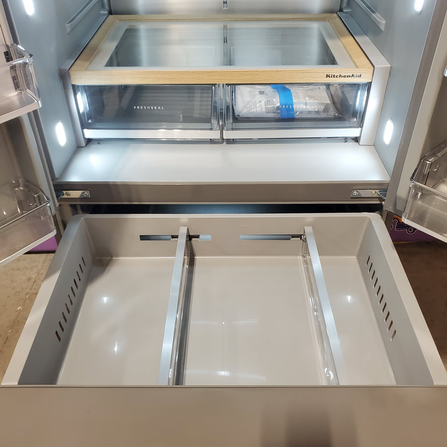 KitchenAid 36 in. 29 cu. ft. Standard Depth French Door Refrigerator in PrintShield Stainless with FreshChill Full-Width Drawer KRMF436SPS - Open Box