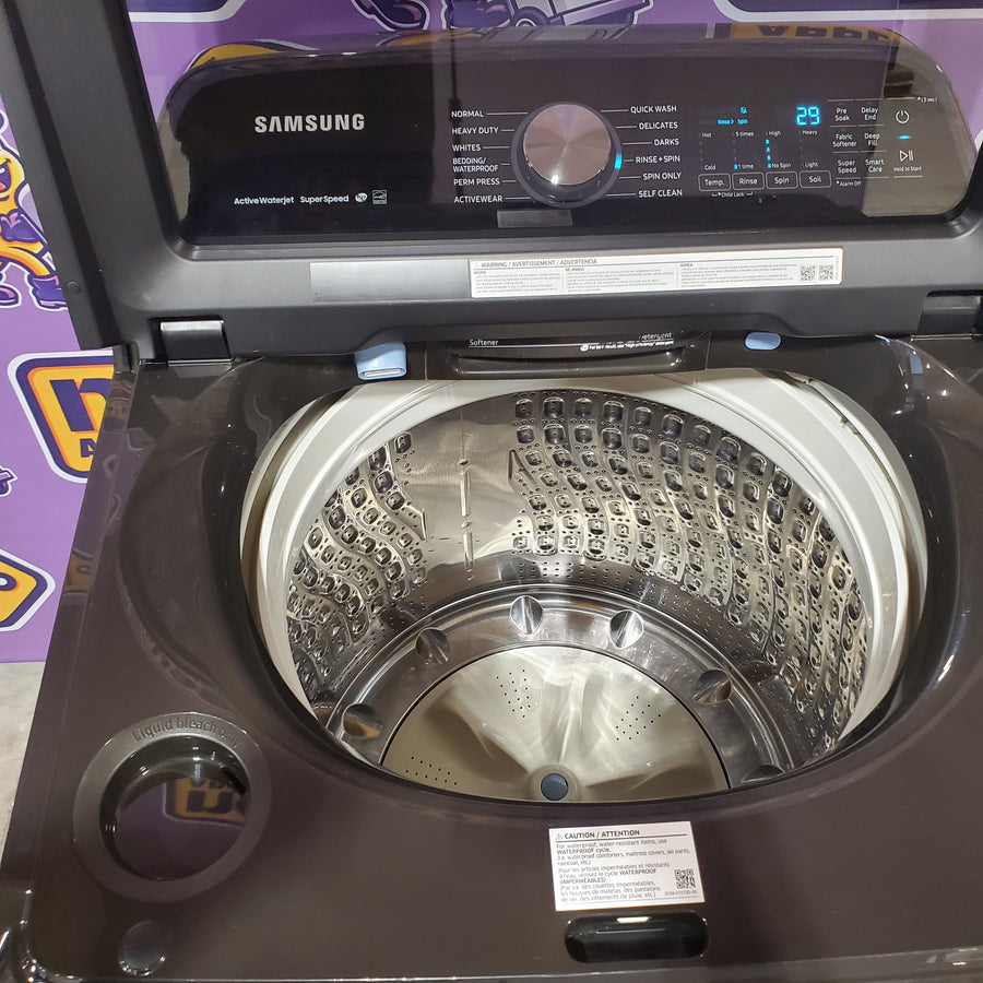 Samsung Stainless Steel 5.0 Cu. Ft. Washer with SuperSpeed and Active WaterJet WA50R5400AV - Certified Refurbished and Samsung Electric 7.4 Cu. Ft. Dryer with PetCare Dry and Steam Sanitize+ DVE54CG7150D - Scratch and Dent (Moderate)