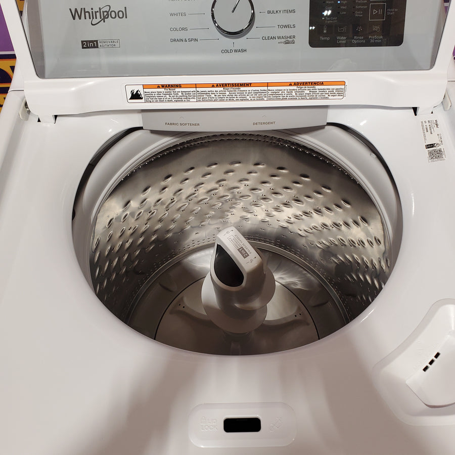 Whirlpool 4.2-4.3 Cu. Ft. Top Load Washer with 2-in-1 Removable Agitator and Soft Close Glass Lid WTW4307SW - Scratch & Dent (Minor) and Whirlpool 7.0 cu. ft. Electric Dryer with Adaptive Dry and Wrinkle Shield™ Option WED4307SW - Scratch & Dent (Minor)