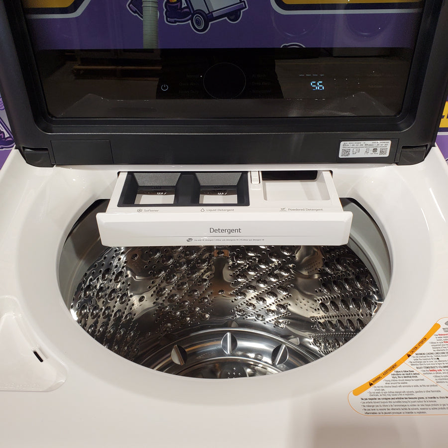 LG 5.5 cu. ft. Mega Capacity Top Load Washer with Impeller in Alpine White WT8400CW - Open Box and LG 7.3 cu. ft. Vented SMART Gas Dryer in White with EasyLoad Door, TurboSteam and Sensor Dry Technology 16269 - DLGX8601WE - Scratch & Dent (Minor)