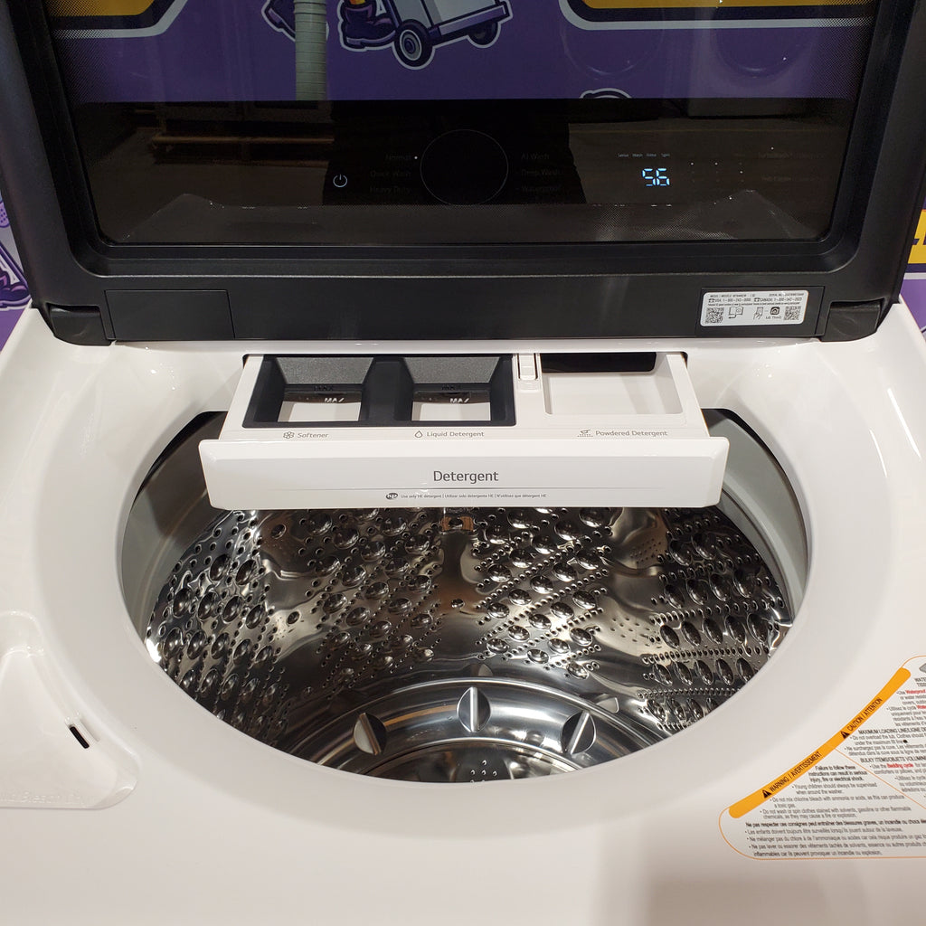 LG 5.5 cu. ft. Mega Capacity Top Load Washer with Impeller in Alpine White WT8400CW - Open Box and LG 7.3 cu. ft. Vented SMART Gas Dryer in White with EasyLoad Door, TurboSteam and Sensor Dry Technology 16269 - DLGX8601WE - Scratch & Dent (Minor)