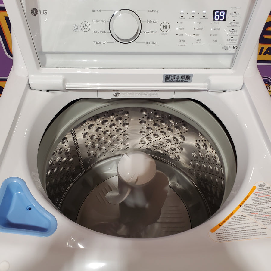 LG 4.3 cu. ft. Ultra Large Capacity Top Load Washer with 4-Way™ Agitator WT7005CW - Scratch & Dent (Minor) and LG 7.3 Cu. Ft. Electric Rear Control Ultra Large Capacity Dryer with Sensor Dry DLE6100W - Open Box