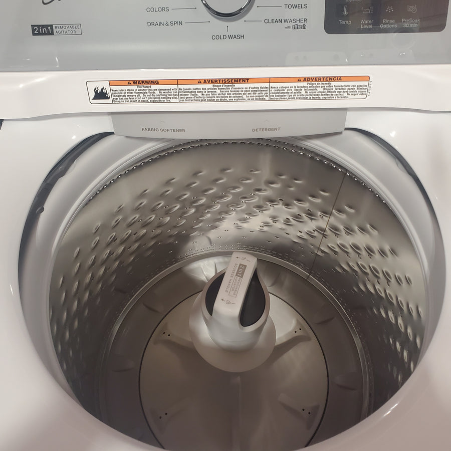Whirlpool 4.2-4.3 Cu. Ft. Top Load Washer with 2-in-1 Removable Agitator and Soft Close Glass Lid WTW4307SW - Open Box and Whirlpool 7.0 cu. ft. Vented Front Load Electric Dryer in White with Adaptive Dry WED4107SW - Scratch & Dent (Minor)