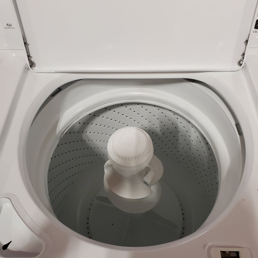 Amana Top Load 3.5 Cu. Ft. Washer with Dual Action Agitator, and Porcelain Tub NTW4516FW - Scratch & Dent (Minor) and Amana 6.5 Cu. Ft. Electric Dryer with Wrinkle Shield Option and Automatic Dryness Control NED4655EW - Certified Refurbished