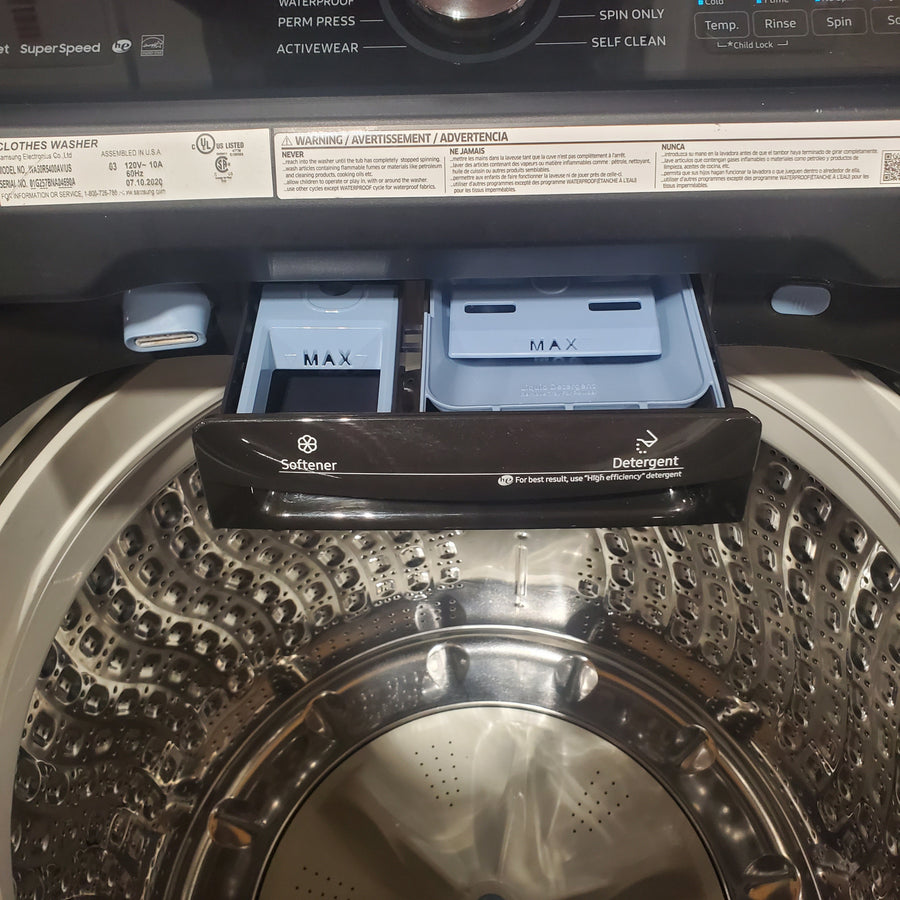 Samsung 5.0 cu. ft. Energy Star Top Load Washer with Active Water Jet in Black Stainless Steel WA50R5400AV - Certified Refurbished and Samsung Black Stainless Steel Electric 7.4 Cu. Ft. Dryer with Steam Sanitize DVE50R5400V - Certified Refurbished