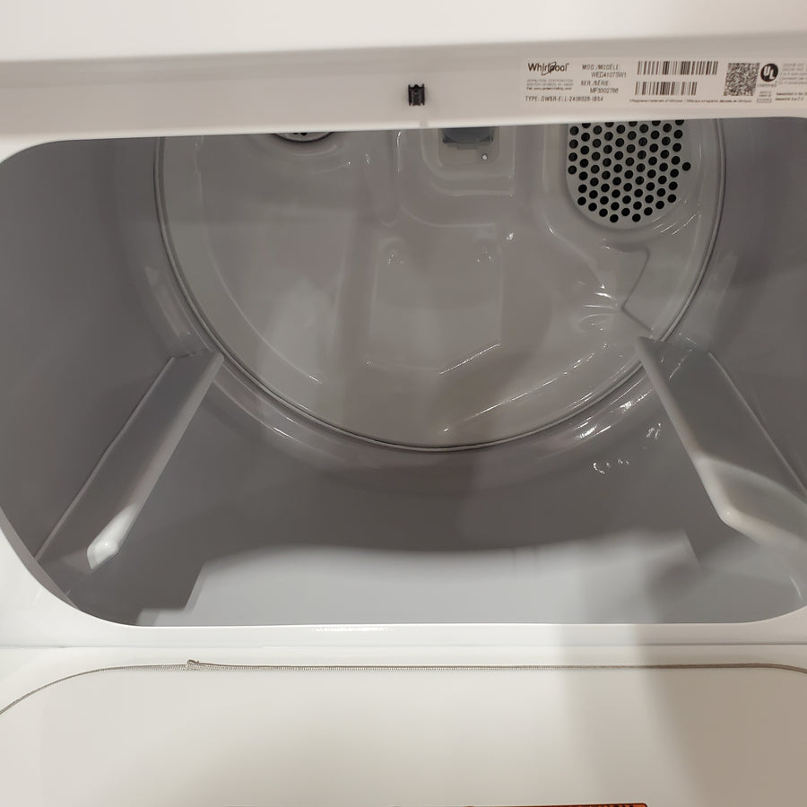 Whirlpool 4.2-4.3 Cu. Ft. Top Load Washer with 2-in-1 Removable Agitator and Soft Close Glass Lid WTW4307SW - Open Box and Whirlpool 7.0 cu. ft. Vented Front Load Electric Dryer in White with Adaptive Dry WED4107SW - Scratch & Dent (Minor)