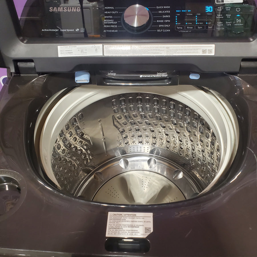 Samsung 5.0 cu. ft. Energy Star Top Load Washer with Active Water Jet in Black Stainless Steel WA50R5400AV - Certified Refurbished and Samsung 7.4 cu ft Gas Dryer with Steam Sanitize Option DVG50R5400V - Certified Refurbished