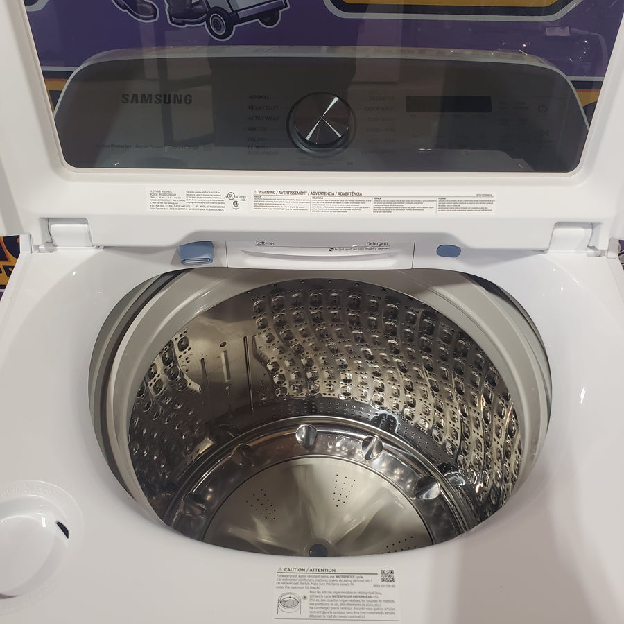 Samsung 5.2 cu. ft. Large Capacity Smart Top Load Washer with Super Speed Wash in White WA52DG5500AW - Scratch & Dent (Minor) and Samsung White Smart Electric 7.4 Cu. Ft. Dryer with Sensor Dry and Steam Sanitize+ DVE52A5500W - Scratch & Dent (Moderate)