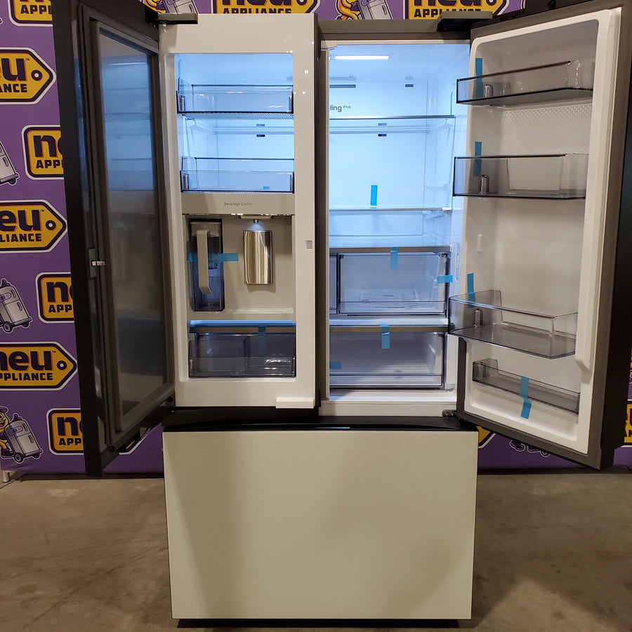 Samsung Bespoke White Glass 3 Door French Door 30 Cu. Ft. Refrigerator with Beverage Center 22221425 - RF30BB660012 - Scratch & Dent (Minor)