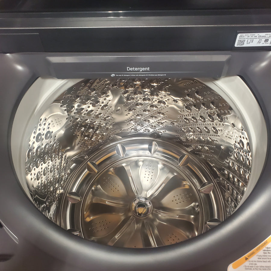 LG 5.5 cu. ft. SMART Top Load Washer in Matte Black with Impeller, Easy Unload and TurboWash3D Technology WT8400CB - Open Box and LG 7.3 cu. ft. Ultra Large Capacity Rear Control Electric Dryer with EasyLoad™ Door DLE8400BE - Scratch & Dent (Minor)