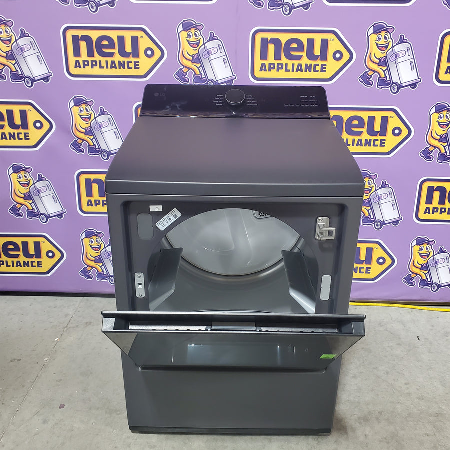 LG 5.5 cu. ft. SMART Top Load Washer in Matte Black with Impeller, Easy Unload and TurboWash3D Technology WT8400CB - Open Box and LG 7.3 cu. ft. Ultra Large Capacity Rear Control Electric Dryer with EasyLoad™ Door and AI Sensing DLE8400BE - Open Box