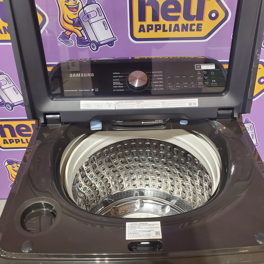Samsung 5.0 cu. ft. Energy Star Top Load Washer with Active Water Jet in Black Stainless Steel WA50R5400AV - Certified Refurbished and Samsung Black Stainless Steel Electric 7.4 Cu. Ft. Dryer with Steam Sanitize DVE50R5400 - Certified Refurbished