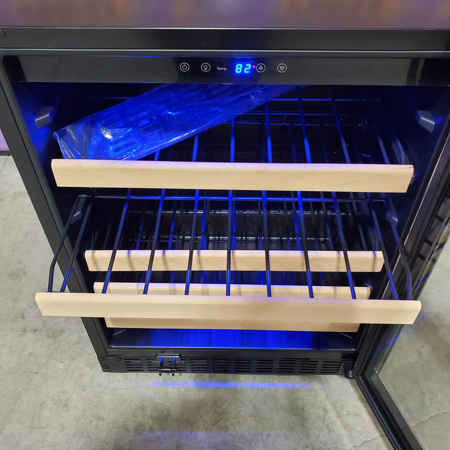 Azure 24 Inch Wine Center with 5.1 cu. ft. Capacity, Wood Front Racks, Field Reversible Door, Blue LED Lighting, Digital Display Controls, and Auto Defrost A124WC-S - Scratch & Dent (Minor)