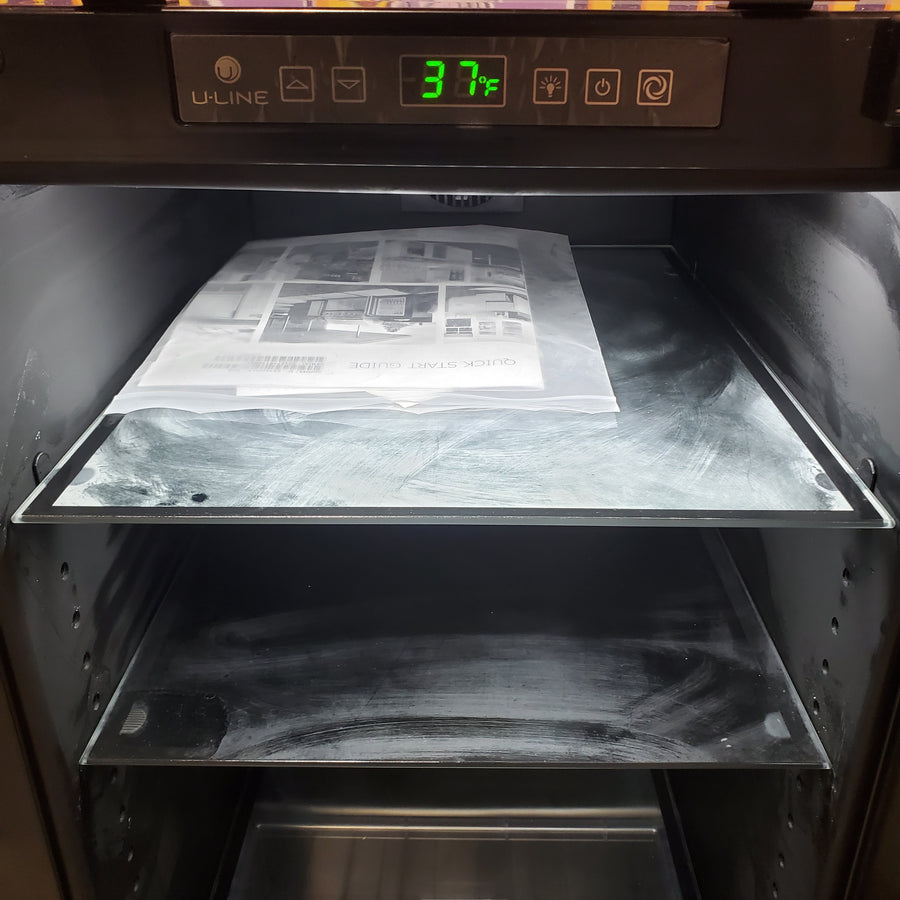 U-Line 3.6 cu. ft. Built-in Refrigerator with 4 Adjustable Glass Shelves, Glass Door, LED Lighting, Convection Cooling System, and Clear Crisper Drawer U-2218RGLS-00B - Scratch & Dent (Moderate)