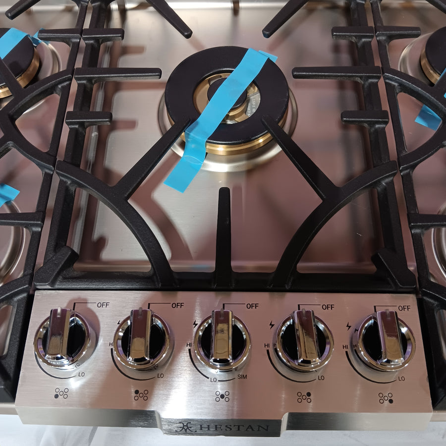 Hestan 30 Inch Gas Cooktop with 5 Sealed Burners, Heavy-Duty Cast-Iron Continuous Grates, Simmer Flame, Electronic Ignition/Reignition System, and Backlit Knobs KGC30 - Scratch & Dent (Minor)