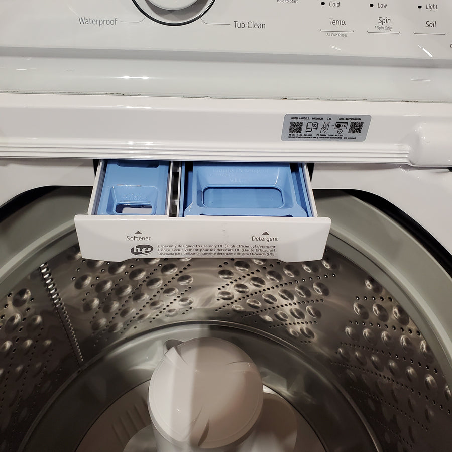 LG 4.3 cu. ft. Ultra Large Capacity Top Load Washer with 4-Way™ Agitator WT7005CW - Scratch & Dent (Minor) and LG 7.3 Cu. Ft. Electric Rear Control Ultra Large Capacity Dryer with Sensor Dry DLE6100W - Open Box