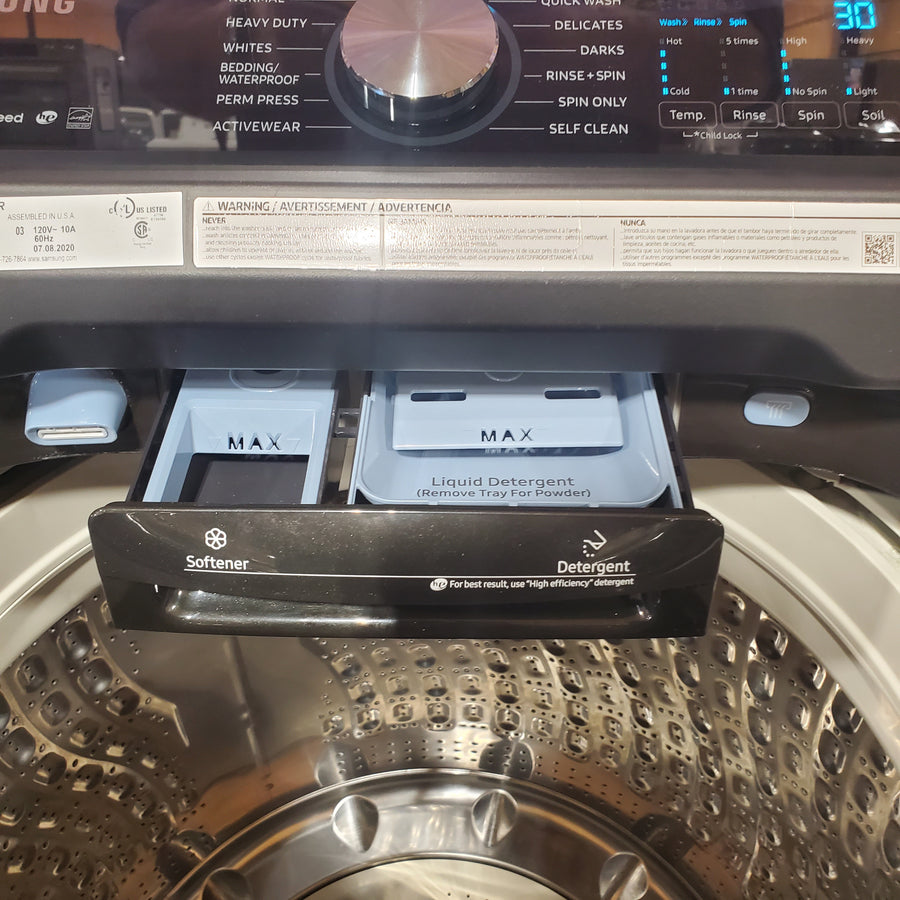Samsung 5.0 cu. ft. Energy Star Top Load Washer with Active Water Jet in Black Stainless Steel WA50R5400AV - Certified Refurbished and Samsung 7.4 cu ft Gas Dryer with Steam Sanitize Option DVG50R5400V - Certified Refurbished