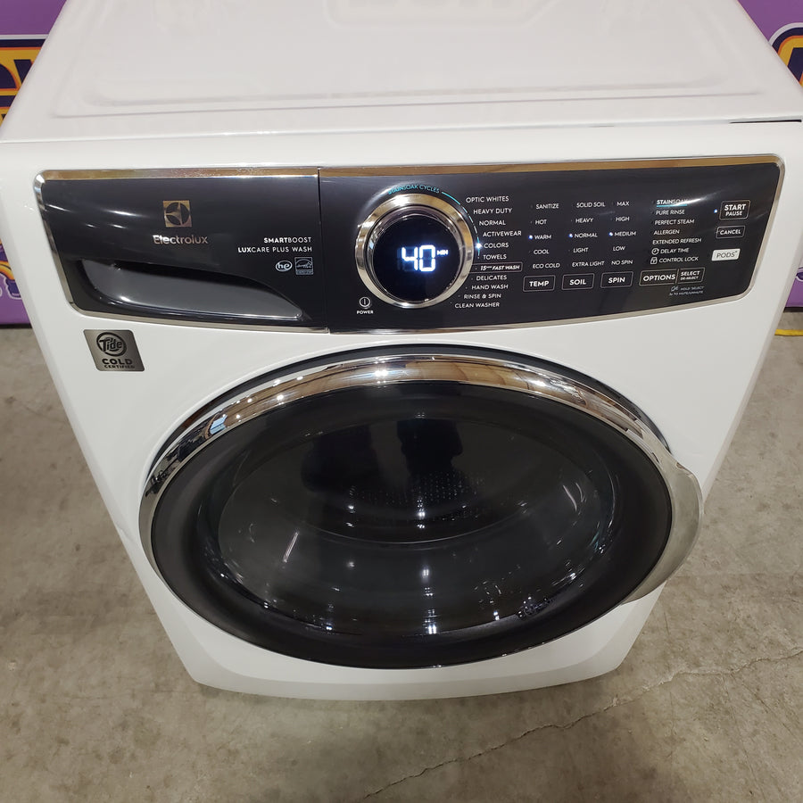 Electrolux 4.5 Cu.Ft. Stackable Front Load Washer with Steam and SmartBoost Wash System ELFW7637AW - Scratch & Dent (Moderate) and Electrolux 8.0 cu. ft. Front Load Electric Dryer with Perfect Steam ELFE7637AW - Scratch & Dent (Minor)
