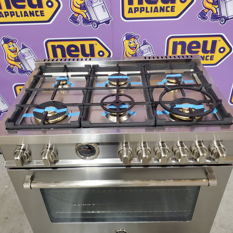 Bertazzoni 36 inch Dual Fuel Range, 6 Brass Burners and Cast Iron Griddle, Electric Self-Clean Oven MAST366DFSXT - Scratch & Dent (Minor)