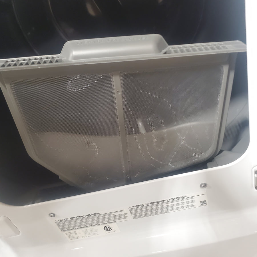 Samsung 5.2 cu. ft. Large Capacity Smart Top Load Washer with Super Speed Wash in White WA52DG5500AW - Scratch & Dent (Minor) and Samsung White Smart Electric 7.4 Cu. Ft. Dryer with Sensor Dry and Steam Sanitize+ DVE52A5500W - Scratch & Dent (Minor)