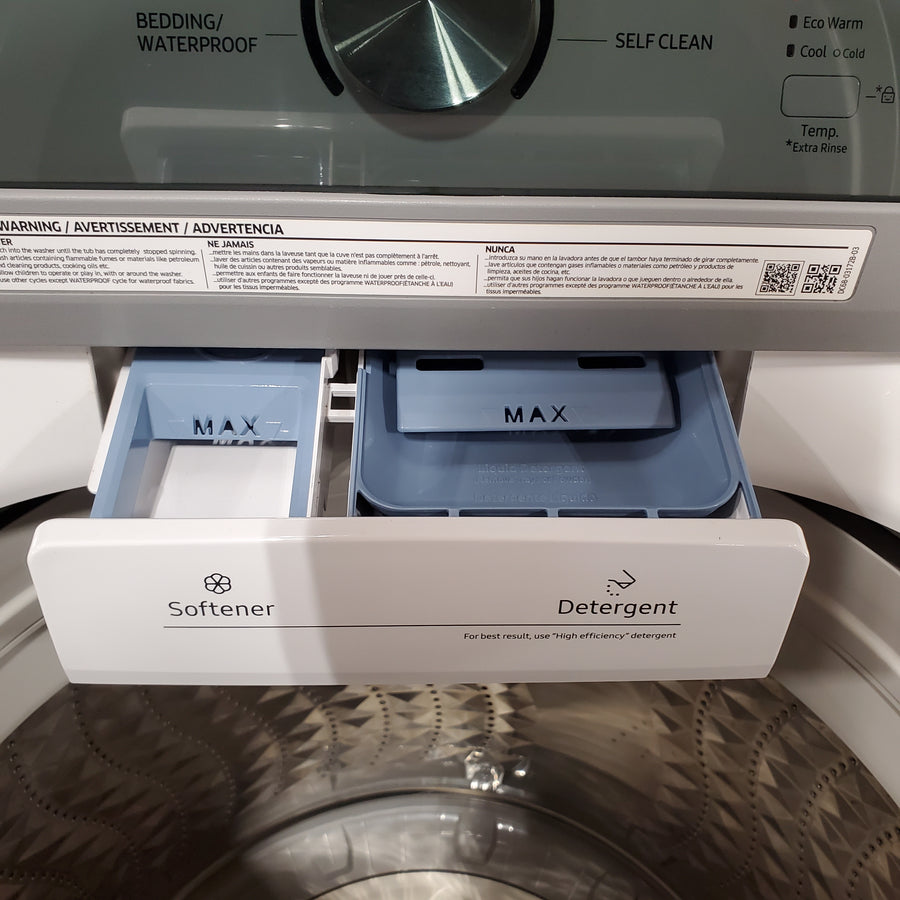 Samsung 4.5 cu. ft. Top Load Washer with Vibration Reduction Technology+ in White WA45T3200AW - Certified Refurbished and Samsung 7.2 cu. ft. Electric Dryer with Sensor Dry in White DVE45T3200W - Scratch & Dent (Minor)