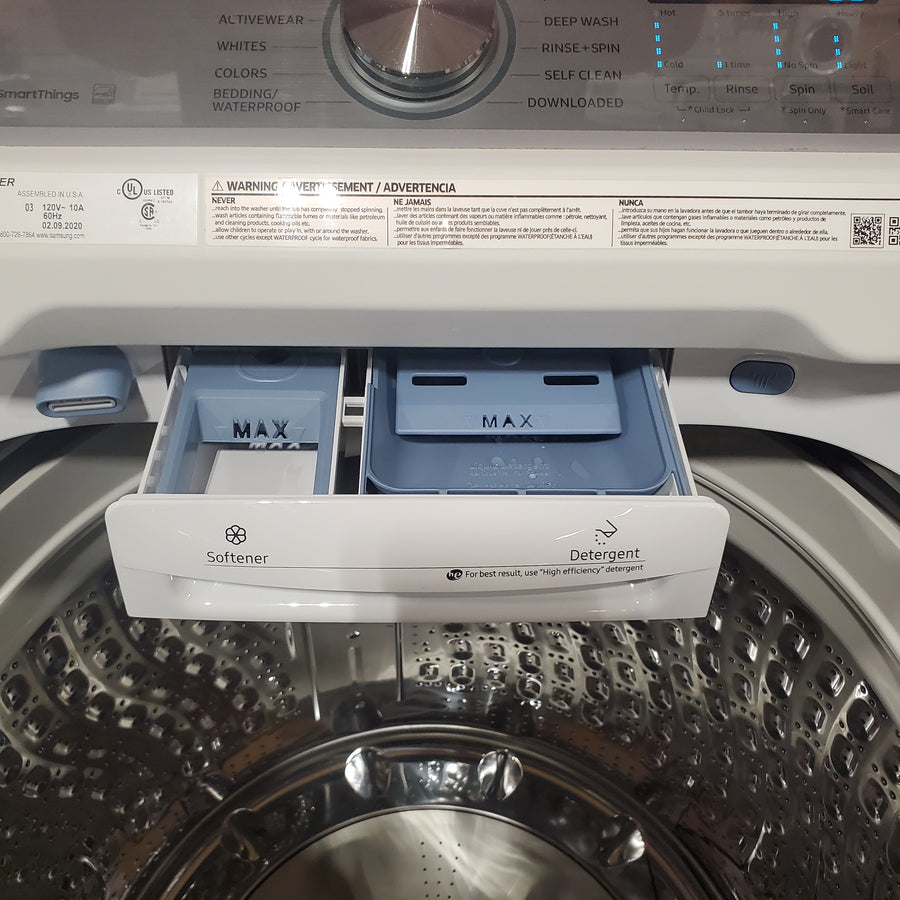 Samsung White Top Load 5.0 Cu. Ft. Washer with Active Water Jet WA50R5200AW - Open Box and Samsung White Electric 7.4 Cu. Ft. Dryer with Sensor Dry DVE50R5200W - Certified Refurbished